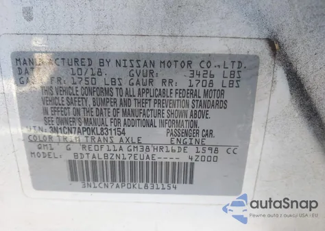 2019 Nissan Versa 1.6 Sv z USA, uszkodzony, nr VIN 3N1CN7AP0KL831154